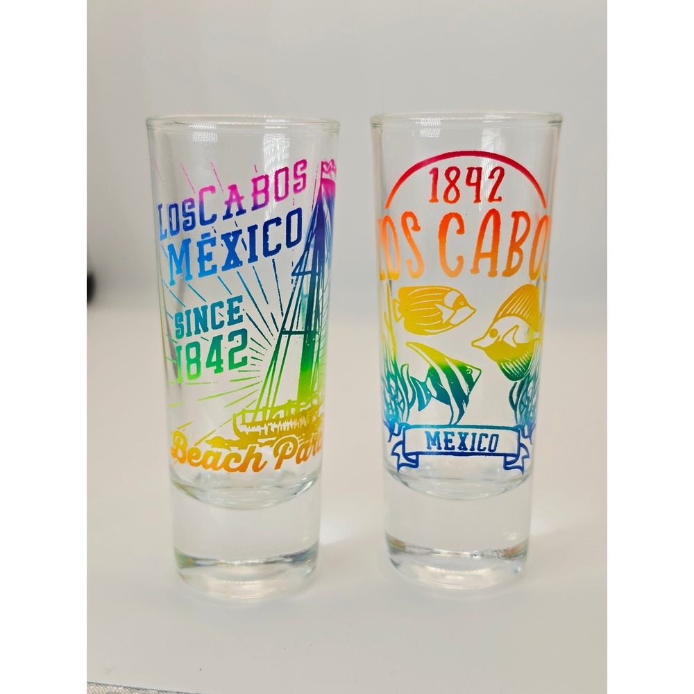 Los Cabos Mexico Souvenir Shot Glass Set Rainbow Sailboat Tropical Fish 2 Piece